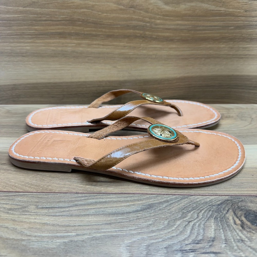 Wimberly Flip Flop Sandals Womens 8 Tan Leather Star Fish Medallion USA Made